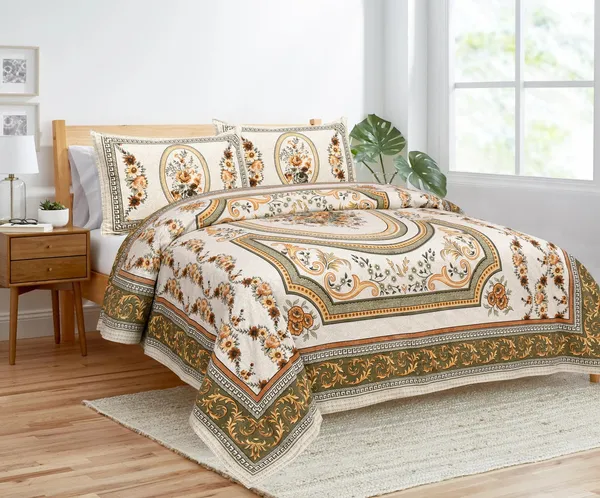 Beige_Cotton_Kaleen_Floral_Double_Bedsheet_With_Pillow_Cover_100_X_108_Cm